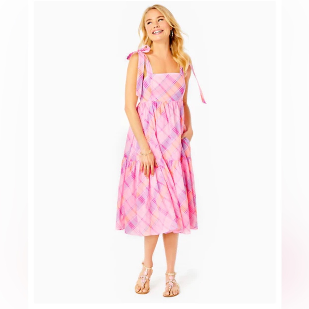 NWT Lilly Pulitzer Anlee Cotton Midi Dress Pink Isle Madras Plaid - Picture 3 of 7